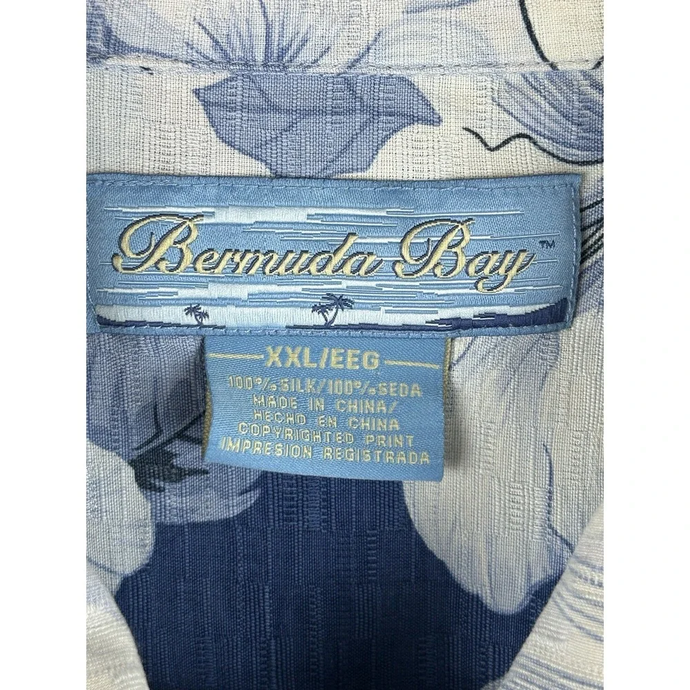 Bermuda Bay 100% Silk Hawaiian Shirt Blue White‎ Short Sleeve Button Up Size 2XL - Picture 7 of 13